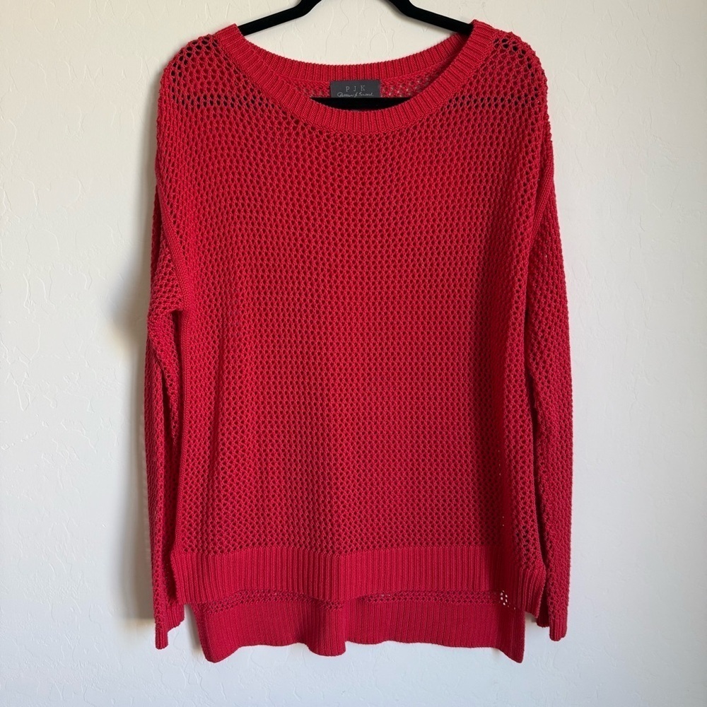 PJK Pink Crochet Open Knit Slouchy Oversized Pull On Crew Neck Sweater Medium